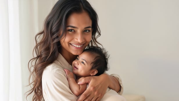 Happy modern Indian mother lovingly holding and smiling at her baby in bright cozy home setting expressing joy parenting and family bonding photo