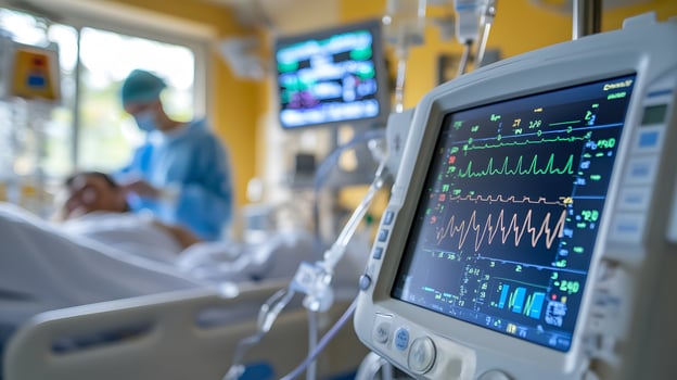 Doctor using a digital tablet to monitor patient vital signs in a modern hospital, medical technology in action, high-tech healthcare interface, clean and professional environment photo