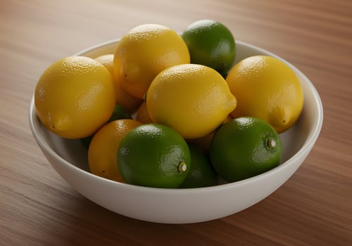 Fresh lemons and limes in a white bowl on a wooden surface photo