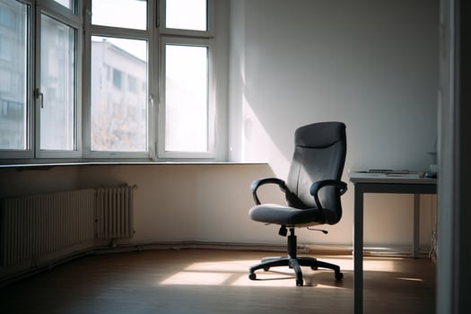 Ergonomic office chair desk setup for home office interior design concept photo