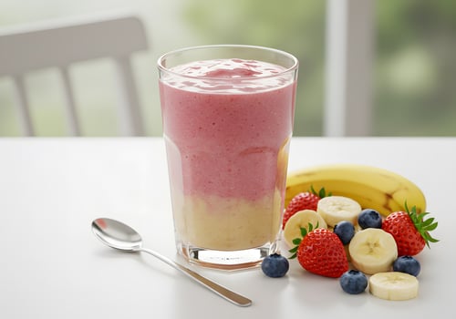 Refreshing layered smoothie with fresh fruit and a spoon on a white surface photo