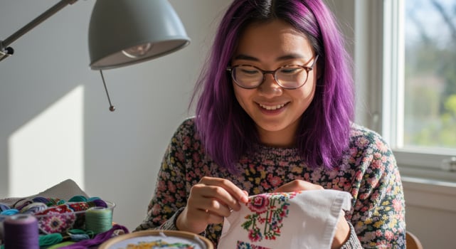 Smiling Asian Woman with Purple Hair Enjoying Cross Stitching in Bright Creative Space photo