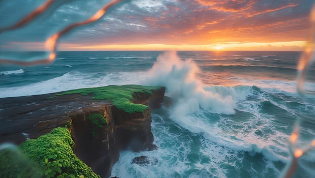 Ocean Waves Crashing on Cliffside at Sunset with Colorful Sky photo