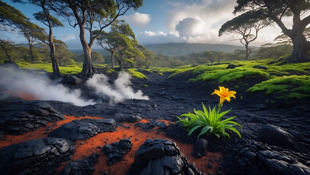 Yellow Flower Thriving in Volcanic Landscape with Steam and Greenery photo