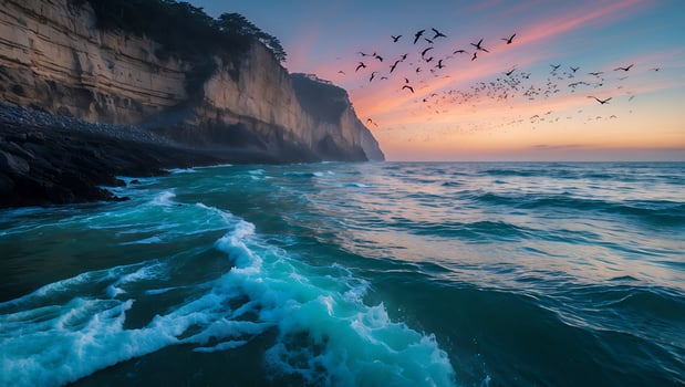 Waves Crashing on Shoreline with Cliffside and Birds at Sunset photo