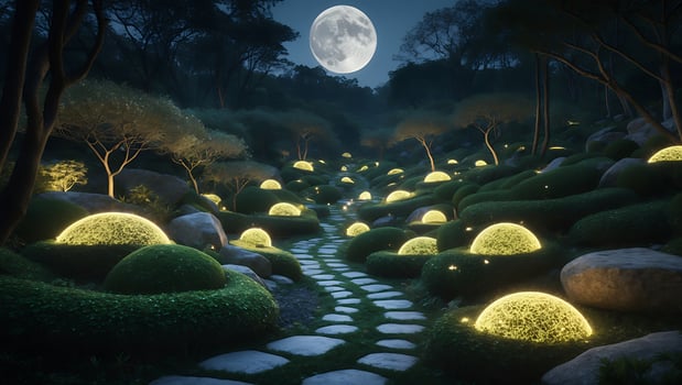 Walking Stone Path in Enchanted Garden at Night with Moon photo