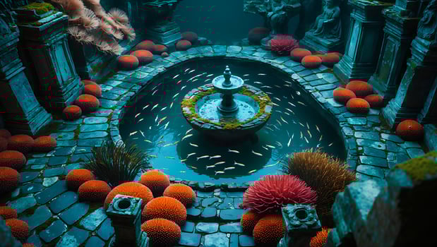 Ancient Stone Fountain with Fish and Aquatic Plant Life Scenery photo