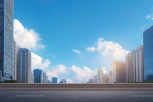 Modern City Skyline Roadway Urban Landscape Empty Asphalt Street Blue Sky High Rise Buildings photo