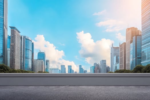 Modern City Skyline View from Empty Road Urban Landscape Highrise Buildings Blue Sky photo