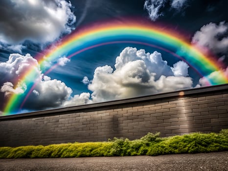 Vibrant Rainbow Mural Against Moody Blue Cloudy Sky photo