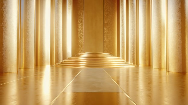 A gold hallway with gold pillars and gold stairs photo