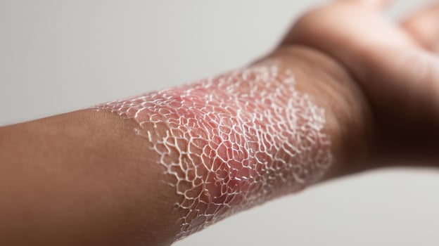 Bioprinted artificial skin graft on injured arm, demonstrating advanced healing technology and tissue regeneration for medical and surgical applications in modern healthcare. photo