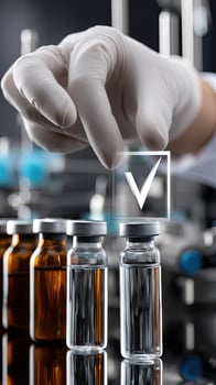 A person in a lab coat holding a vial with a check mark photo