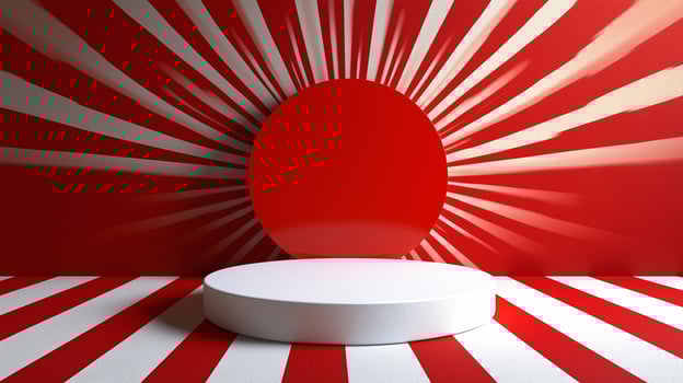 A red and white striped background with a white circle in the middle photo