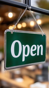 Open sign hanging on a restaurant window photo