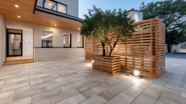 A modern patio with wooden planters and lights photo