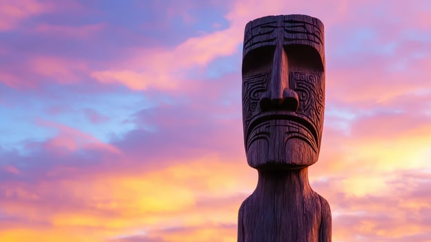 Wooden statue against colorful sunset sky photo