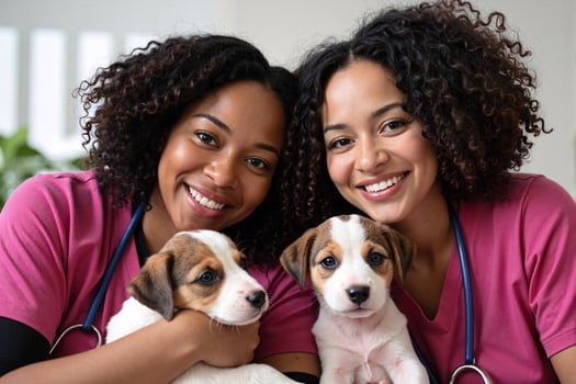 two happy young Black female veterinarians or vet technicians in matching pink shirts, smiling as one gently holds two adorable Jack Russell terrier puppies. Caring professionals in animal healthcare photo