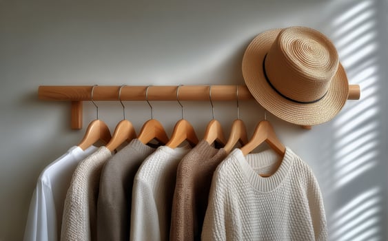 A hat and several sweaters hang on a rack photo