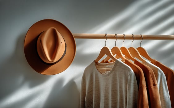 A hat and clothes hang on a rack photo
