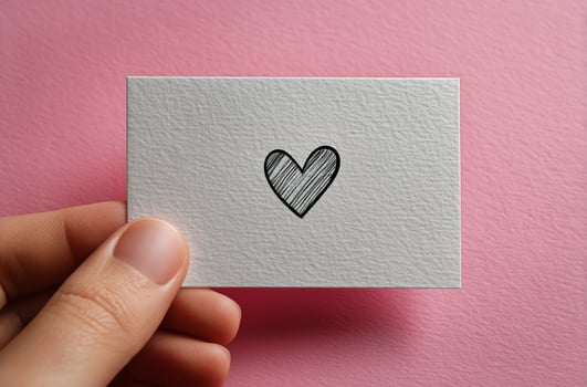 Hand holding a small card with a heart drawn on it photo