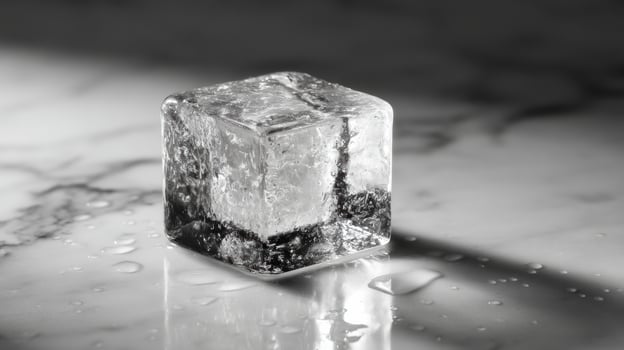 Ice cube on marble surface with water droplets photo