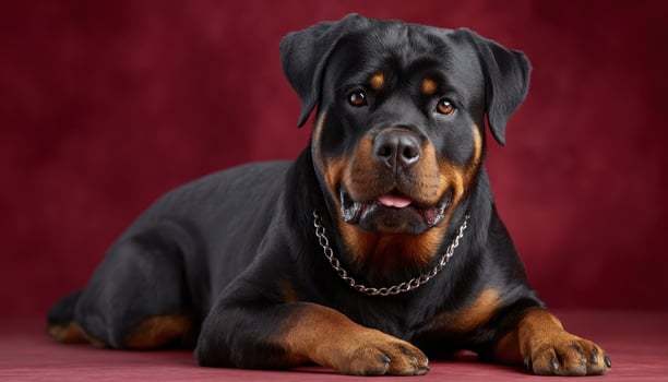 Majestic rottweiler posing against rich red background pet photography studio setting dramatic lighting photo