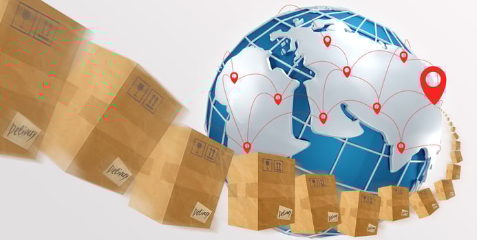 International delivery concept. Collage with parcel boxes flying to their destination on planet Earth, white background. Panorama photo