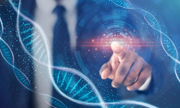 Human genetics research. Black businessman touching imaginary screen with DNA spirals, collage. Panorama photo