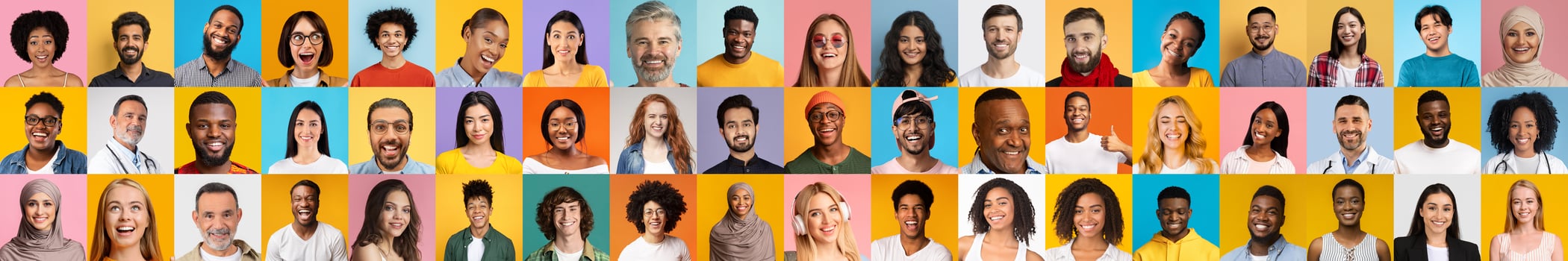 A vibrant collage displays a variety of people with joyful expressions against colorful backgrounds. These diverse individuals represent a rich tapestry of cultures and lifestyles. photo
