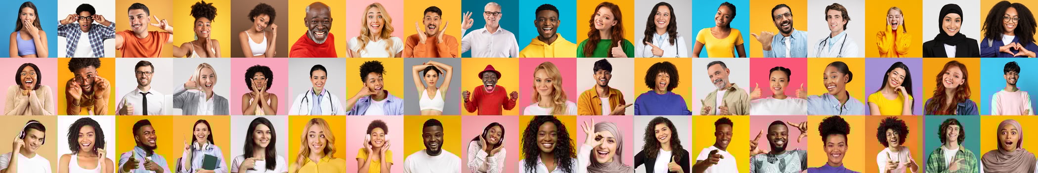 A vibrant collage of diverse individuals expressing happiness and togetherness. Each portrait captures unique personalities against colorful backgrounds, celebrating inclusivity and lifestyle. photo