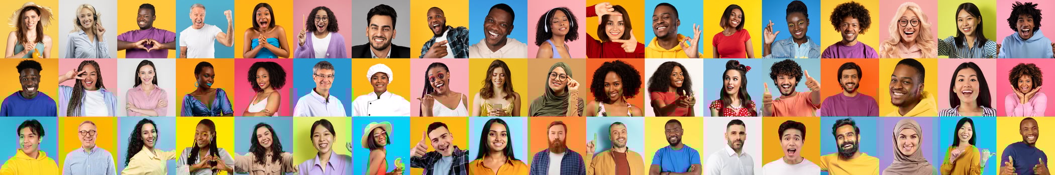 A collection of diverse individuals showcases joy and togetherness. Each person is captured with unique expressions against colorful backgrounds. photo