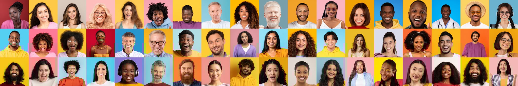 A vibrant collage of diverse individuals smiling and displaying unique lifestyles. This collection captures the essence of diversity against colorful backgrounds, celebrating diversity. photo