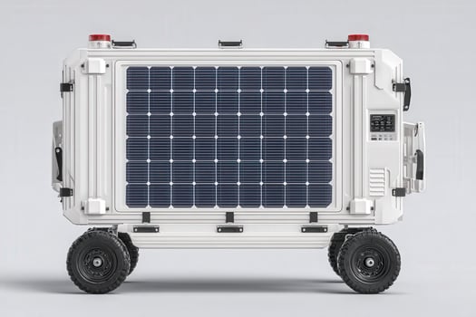 This compact solar generator features a robust design with wheels and solar panels, ideal for camping or emergency power needs. A versatile energy solution for outdoor enthusiasts. photo