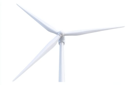 A tall wind turbine stands prominently against a blue sky, its white blades turning gracefully to generate clean energy. The scene highlights the importance of sustainable power sources. photo