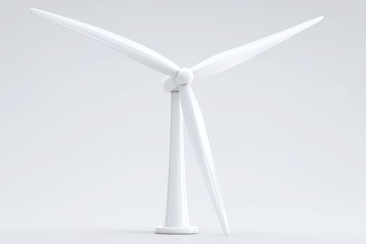 A large white wind turbine stands prominently against a minimal background. Its blades are angled to demonstrate the mechanism, emphasizing modern renewable energy solutions in a serene environment. photo