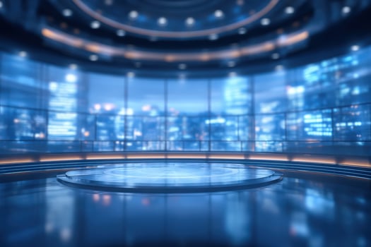 A sleek and modern studio features blue lighting and a polished floor, with panoramic windows showcasing a vibrant cityscape. Ideal for presentations or events, the space feels dynamic and inviting. photo