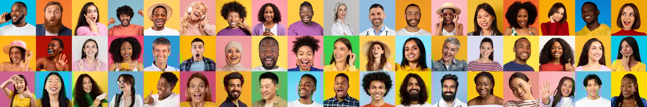 This collage features a collection of diverse individuals expressing joy and connection against colorful backgrounds. photo
