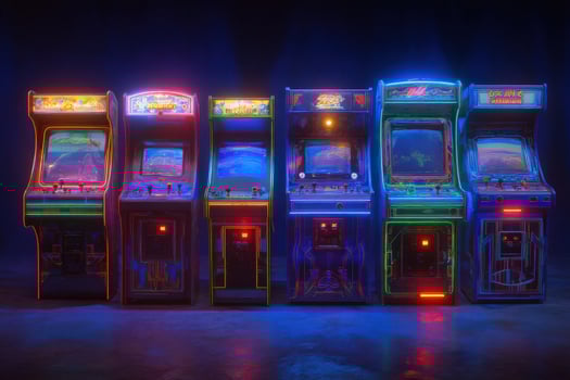 Six classic arcade machines stand in a dimly lit space, illuminated by colorful neon lights. Each machine showcases a unique design, reminiscent of vintage gaming culture. photo