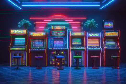 A collection of vintage arcade machines is illuminated by vibrant neon lights in a dimly lit room. photo