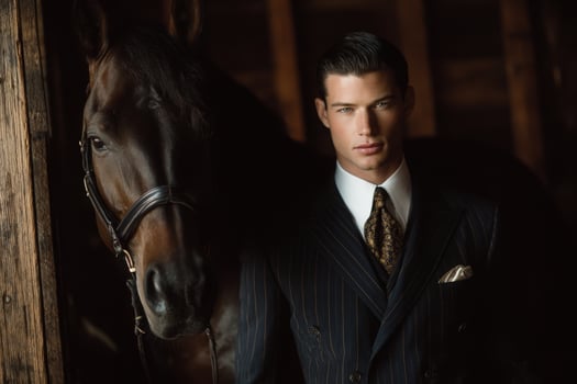 A man dressed in a tailored suit stands confidently next to a horse inside a wooden barn. The warm lighting highlights the elegant details of his outfit and the horses strong features. photo