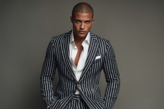 A male model poses confidently in a sleek, tailored suit with distinct stripes. The setting features a neutral background that emphasizes his stylish look, reflecting current fashion aesthetics. photo