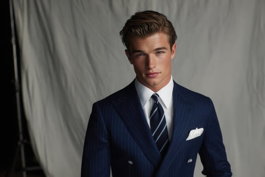 A young man stands confidently in a tailored dark suit and crisp white shirt. His well-groomed hair and elegant tie complement the chic atmosphere of the studio with a neutral backdrop. photo