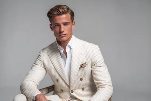 A well-groomed man sits confidently in a tailored white suit with subtle stripes. He has styled hair and a pocket square, conveying sophistication and elegance in a minimalist setting. photo