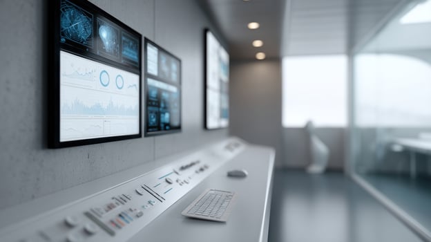 A sleek control center where neutral AGIs monitor the flow of data from various holographic squares their interfaces displaying trends and sentiment analysis as they prepare to adjus photo
