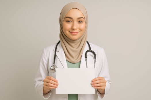 A young muslim woman in a white coat holding a blank paper photo
