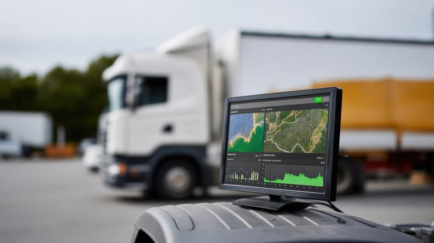 Closeup of a digital screen on a parked truck displaying realtime data analytics showcasing AGI algorithms calculating the ideal quantity of organic produce to minimize waste and maximiz photo