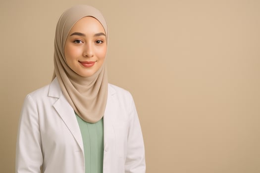Portrait of young muslim woman in white coat and hijab photo