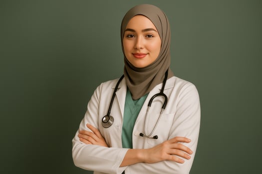 A young woman in a hijab is standing with her arms crossed photo