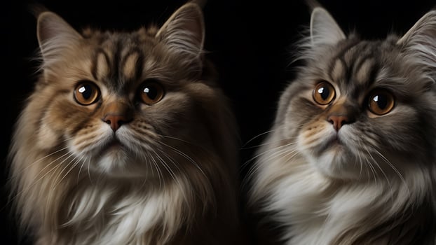 Two beautiful fluffy cats with striking eyes against a dark black background. photo